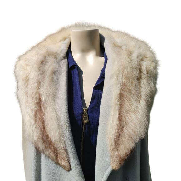 Real Fox Fur Collar Coat Belt Light Gray Wool Satin Lining Project or Parts - Picture 1 of 12